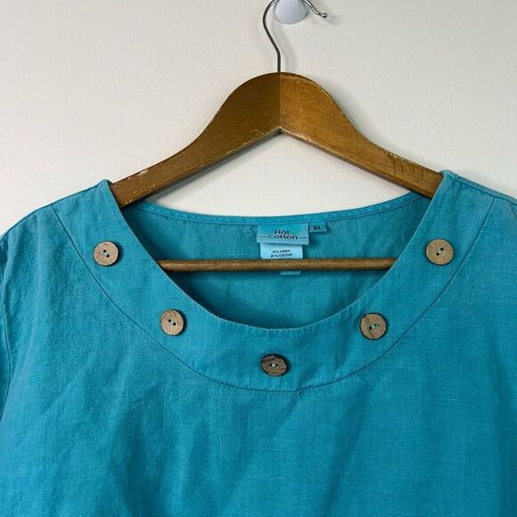 Hot Cotton Linen Button Neck Coastal Turquoise Blue Top XL Casual Boho Pullover - Picture 2 of 9